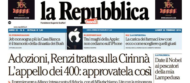 Le prime pagine dei giornali lunedì 22 febbraio 2016