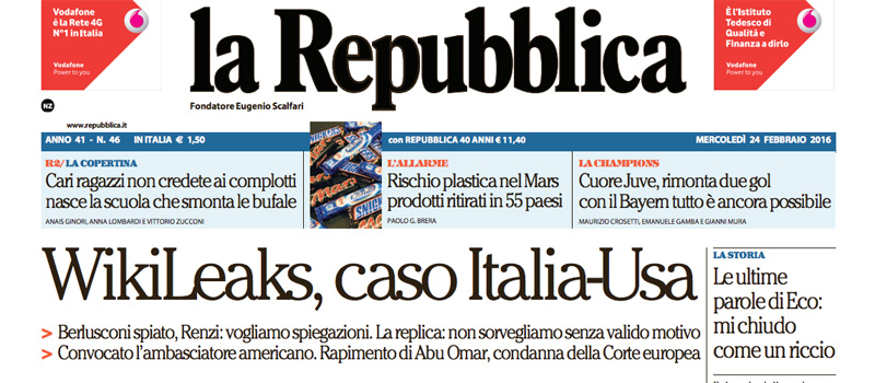 Le prime pagine dei giornali mercoledì 24 febbraio 2016