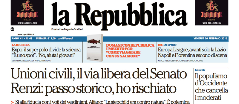 Le prime pagine dei giornali venerdì 26 febbraio 2016