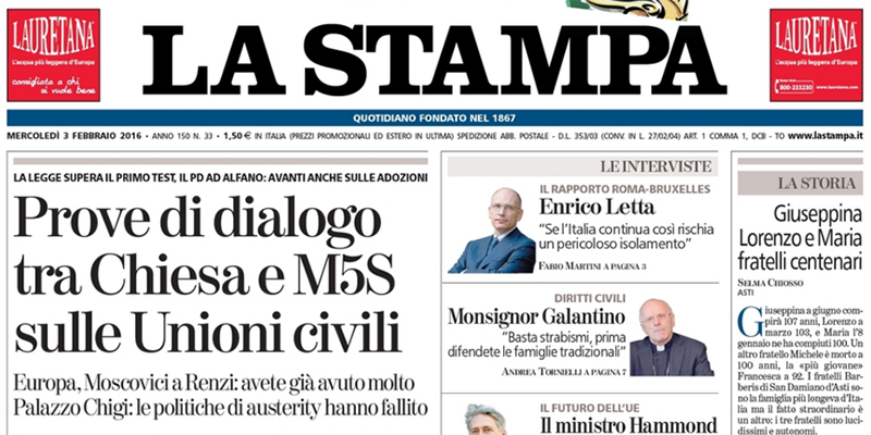 Le prime pagine dei giornali mercoledì 3 febbraio 2016