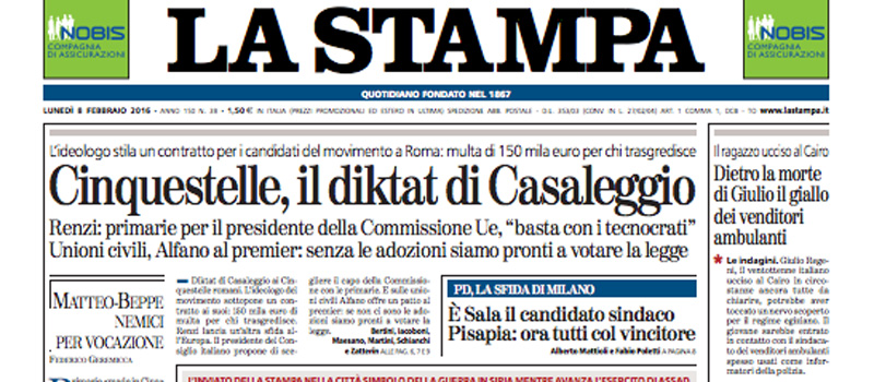 Le prime pagine dei giornali lunedì 8 febbraio 2016