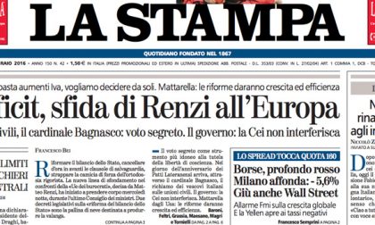 Le prime pagine dei giornali venerdì 12 febbraio 2016