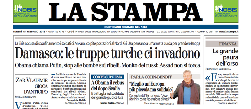 Le prime pagine dei giornali lunedì 15 febbraio 2016