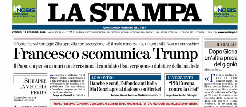Le prime pagine dei giornali venerdì 19 febbraio 2016