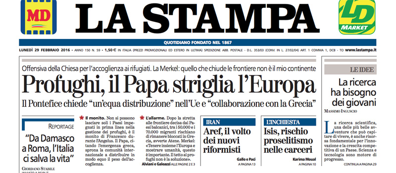 Le prime pagine dei giornali lunedì 29 febbraio 2016