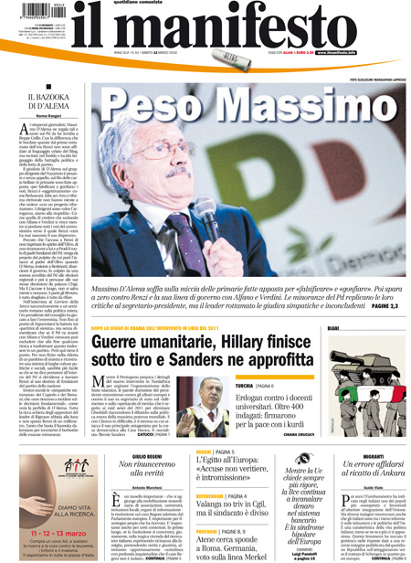 [NAZIONALE - 1] MANIFESTO/PRIMAPAGINA/PAG01 ... 12/03