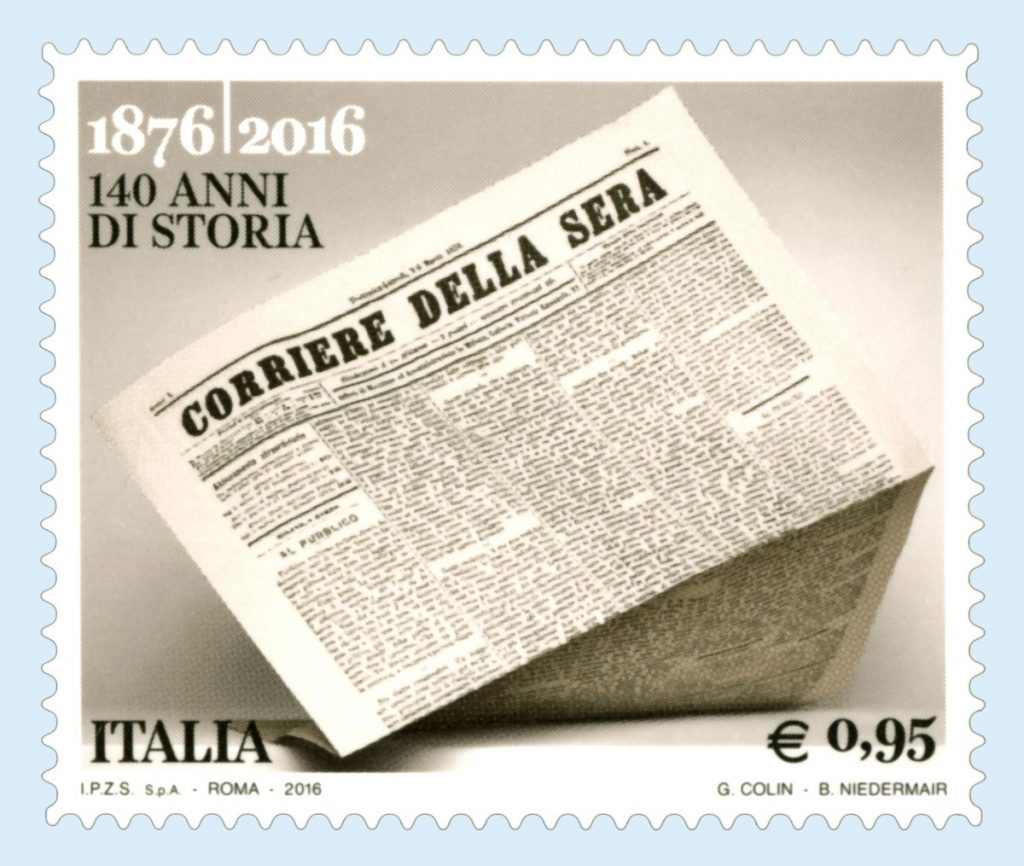 Editoria: la prima pagina del Corsera N.1 in francobollo