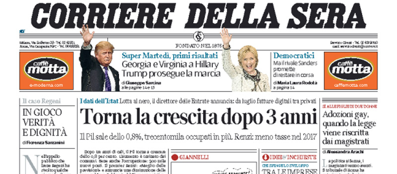 Le prime pagine dei giornali mercoledì 2 marzo 2016