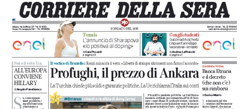 Le prime pagine dei giornali martedì 8 marzo 2016