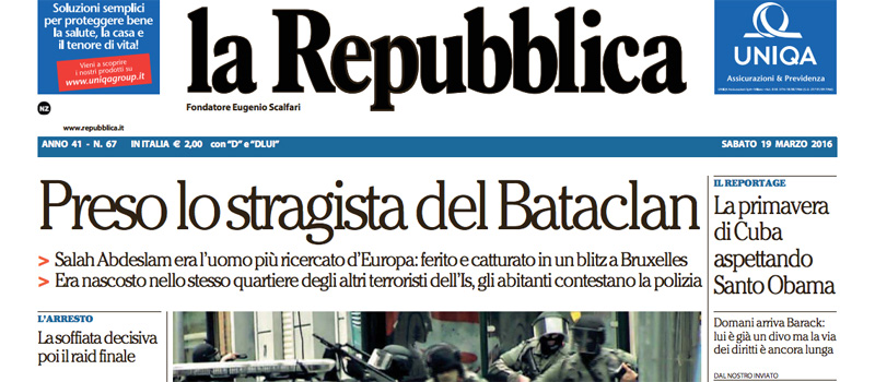 Le prime pagine dei giornali sabato 19 marzo 2016