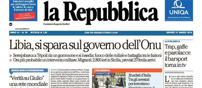 Le prime pagine dei giornali giovedì 31 marzo 2016
