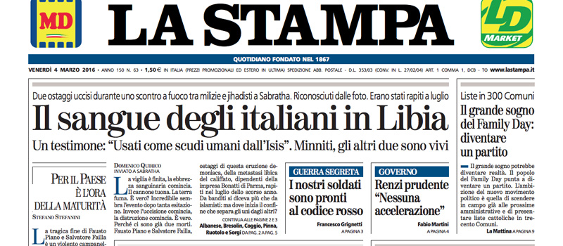Le prime pagine dei giornali venerdì 4 marzo 2016