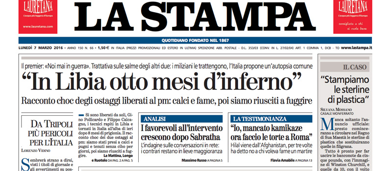 Le prime pagine dei giornali lunedì 7 marzo 2016