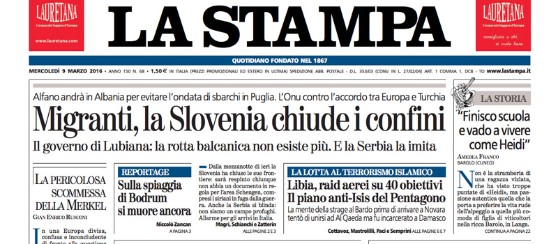 Le prime pagine dei giornali mercoledì 9 marzo 2016
