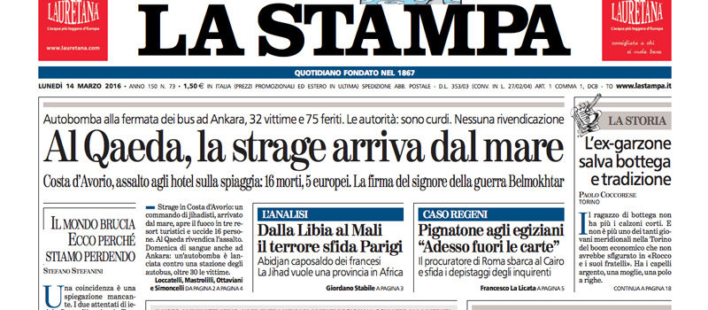 Le prime pagine dei giornali lunedì 14 marzo 2016