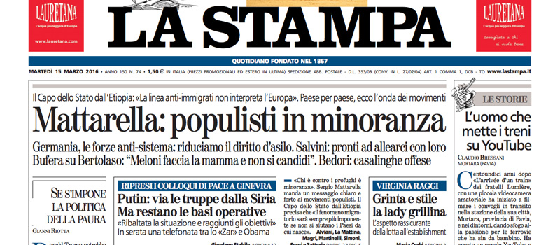 Le prime pagine dei giornali martedì 15 marzo 2016