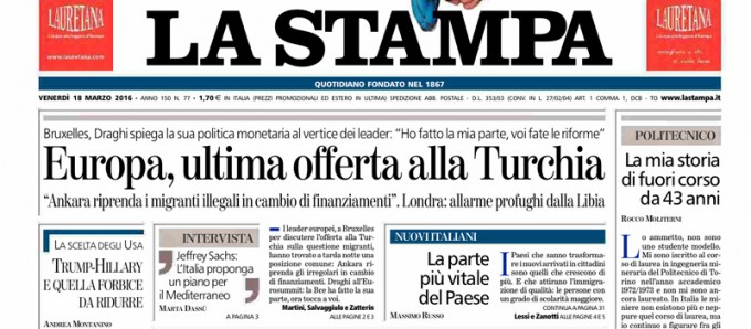 Le prime pagine dei giornali venerdì 18 marzo 2016
