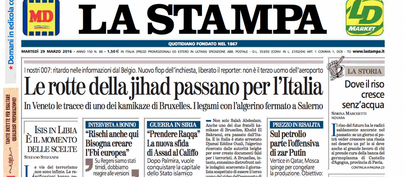Le prime pagine dei giornali martedì 29 marzo 2016
