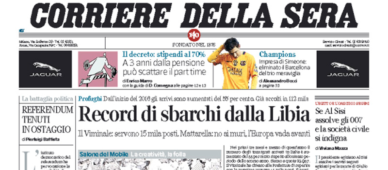 Le prime pagine dei giornali giovedì 14 aprile 2016