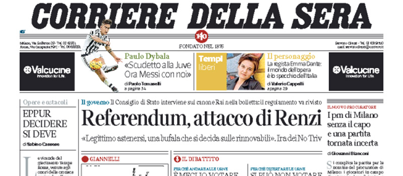 Le prime pagine dei giornali venerdì 15 aprile 2016