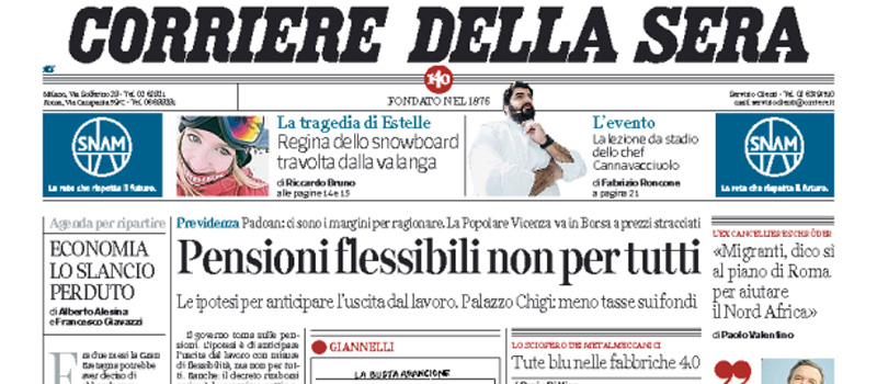Le prime pagine dei giornali mercoledì 20 aprile 2016
