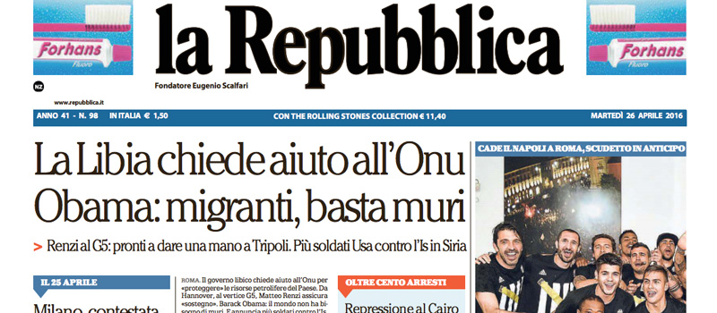 Le prime pagine dei giornali martedì 26 aprile 2016