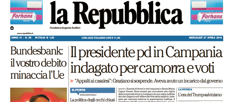 Le prime pagine dei giornali  mercoledì 27 aprile 2016