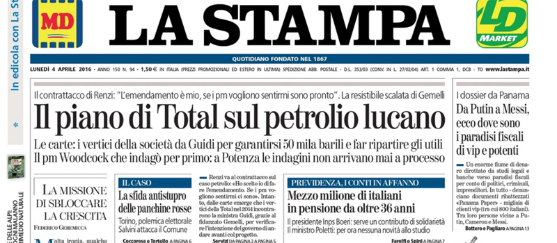 Le prime pagine dei giornali lunedì 4 aprile 2016