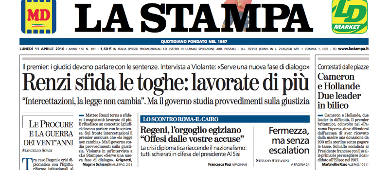 Le prime pagine dei giornali lunedì 11 aprile 2016
