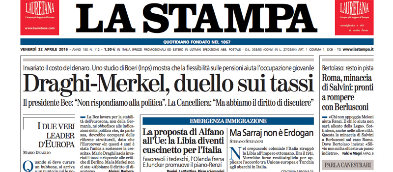 Le prime pagine dei giornali venerdì 22 aprile 2016