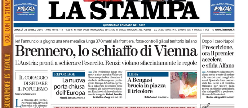 Le prime pagine dei giornali giovedì 28 aprile 2016