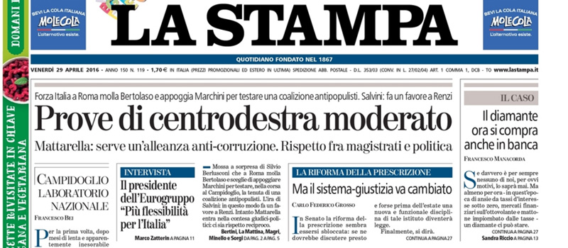 Le prime pagine dei giornali venerdì 29 aprile 2016