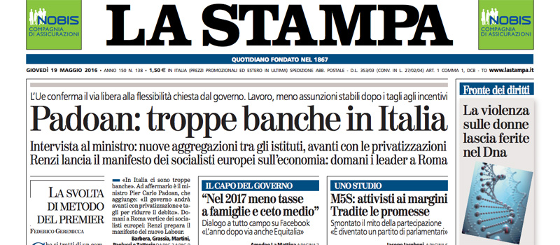 Le prime pagine dei giornali giovedì 19 maggio 2016