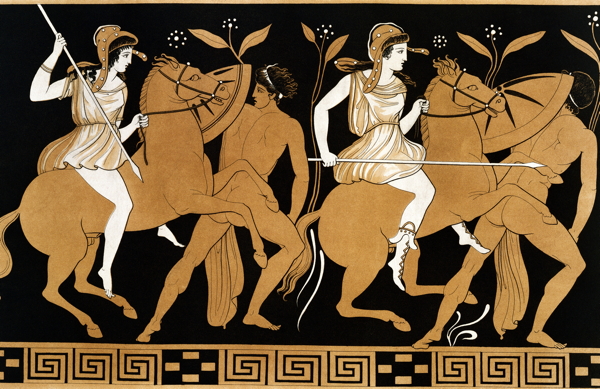 19th Century Greek Vase Illustration of Two Amazons on Horses After Two Youths