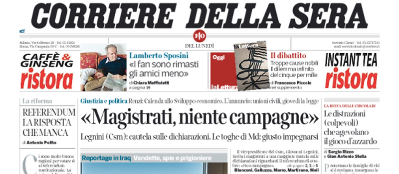 Le prime pagine dei giornali lunedì 9 maggio 2016