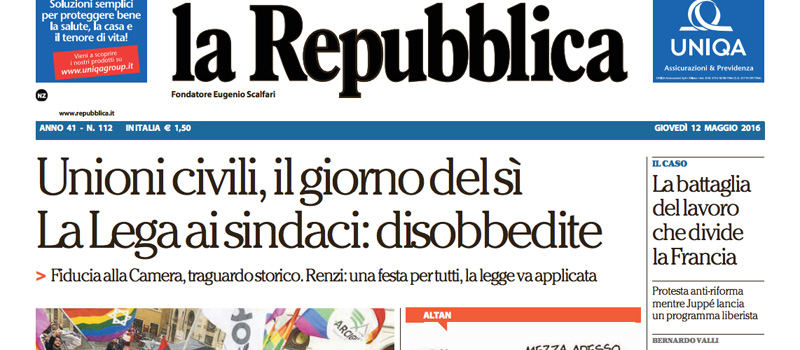 Le prime pagine dei giornali giovedì 12 maggio 2016