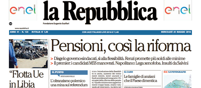 Le prime pagine dei giornali mercoledì 25 maggio 2016