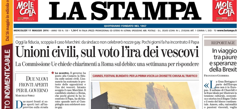 Le prime pagine dei giornali mercoledì 11 maggio 2016