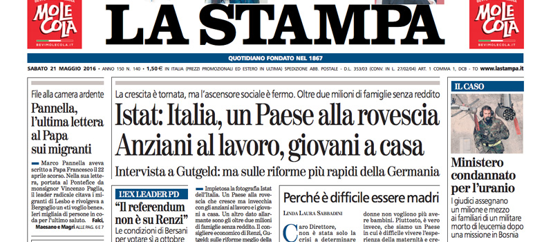 Le prime pagine dei giornali sabato 21 maggio 2016