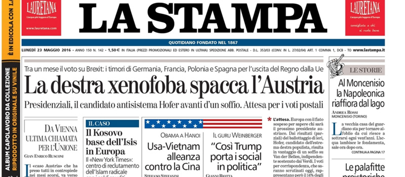 Le prime pagine dei giornali lunedì 23 maggio 2016