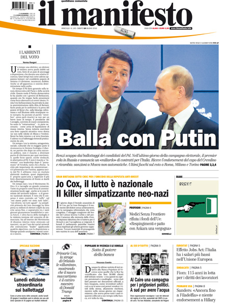 [NAZIONALE - 1] MANIFESTO/PRIMAPAGINA/PAG01 ... 18/06
