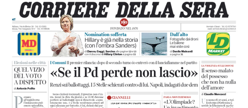 Le prime pagine dei giornali giovedì 9 giugno 2016