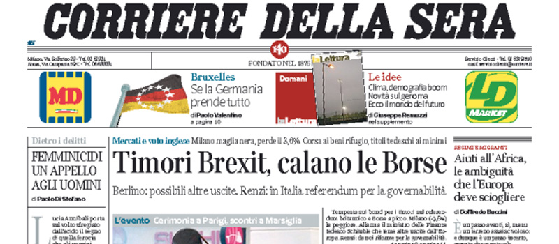 Le prime pagine dei giornali sabato 11 giugno 2016