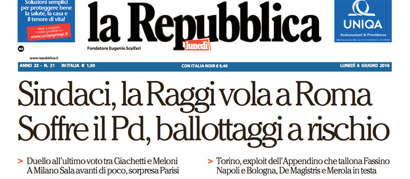 Le prime pagine dei giornali lunedì 6 giugno 2016