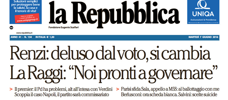 Le prime pagine dei giornali martedì 7 giugno 2016