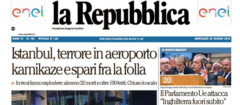 Le prime pagine dei giornali  mercoledì 29 giugno 2016