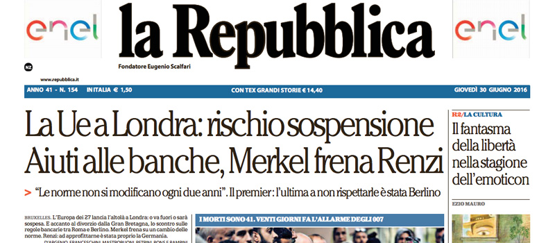 Le prime pagine dei giornali giovedì 30 giugno 2016