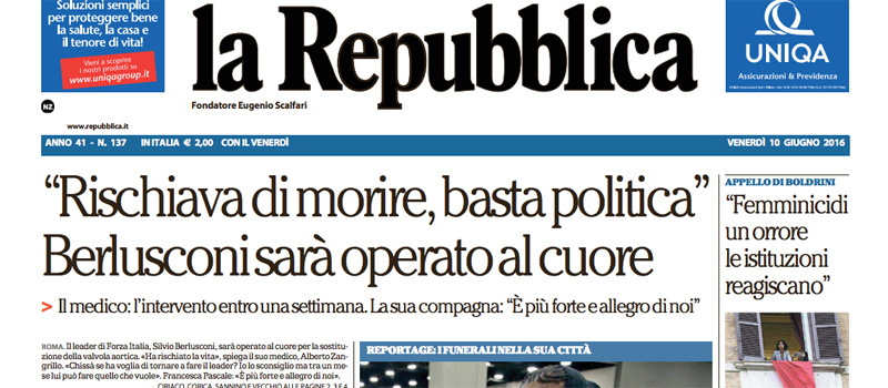 Le prime pagine dei giornali venerdì 10 giugno 2016