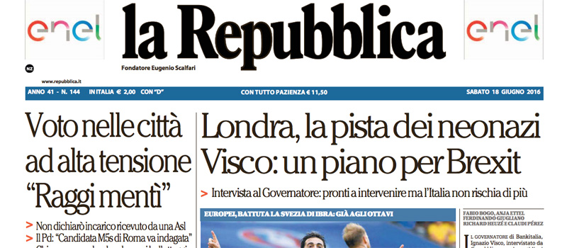 Le prime pagine dei giornali sabato 18 giugno 2016