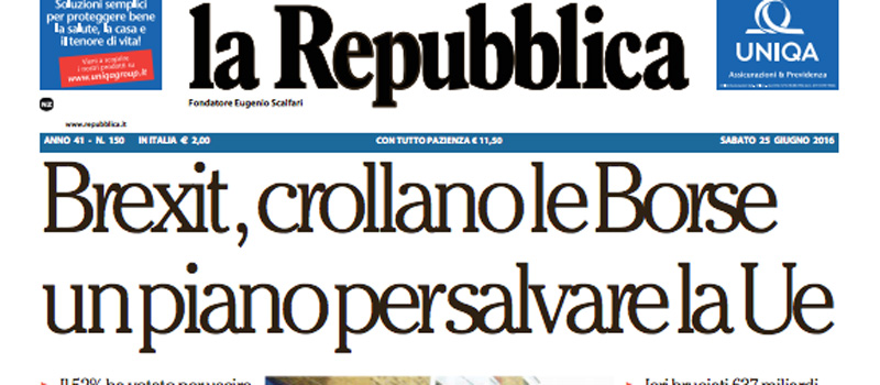 Le prime pagine dei giornali sabato 25 giugno 2016